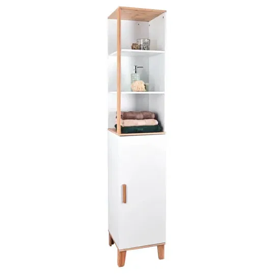 Showerdrape Catania Bamboo/White Tall Bathroom Cabinet with Display Shelves