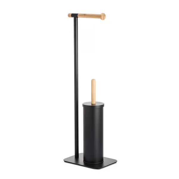 Showerdrape Sonata Black & Bamboo Toilet Roll Holder & Toilet Brush Combination