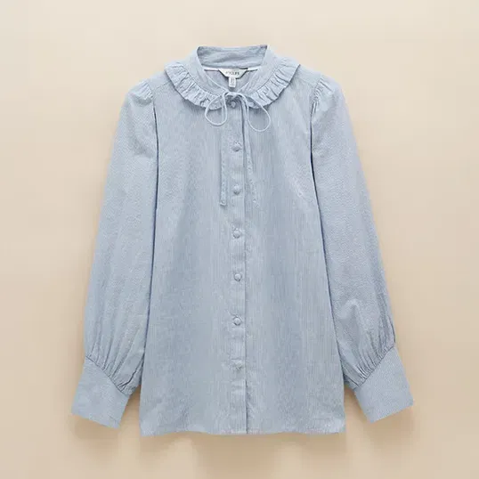 Joules Blue White Harper Tie Neck Blouse