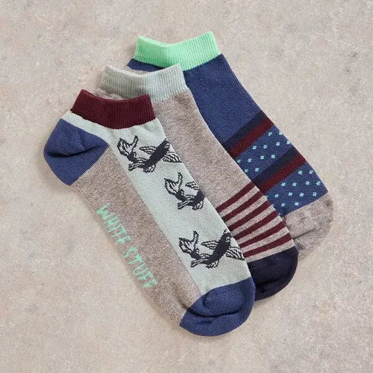White Mens Stuff 3 Pack Fish Trainer Socks Grey Multi