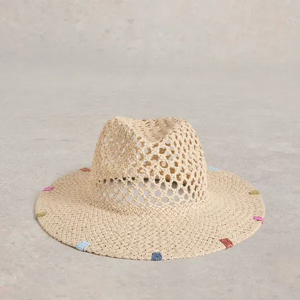 White Stuff Open Weave Fedora Hat Natural Multi