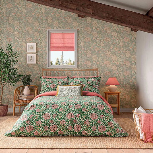 Morris & Co Honeysuckle Duvet Cover Set Evergreen & Coral