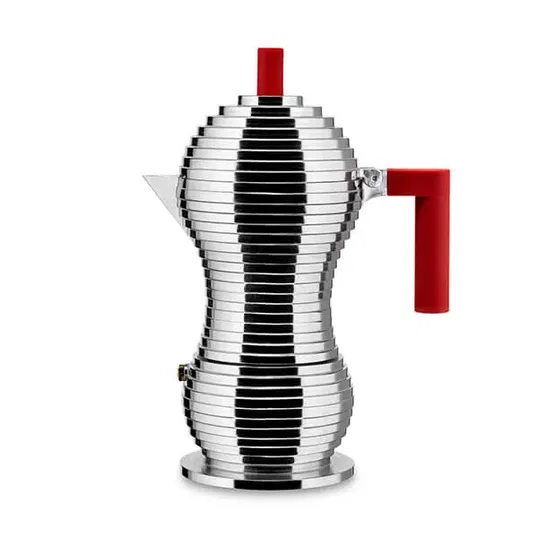 Alessi Pulcina 6 Cup Espresso Coffee Maker For Induction with Red Handle