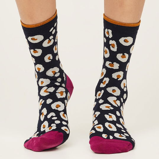 Thought GOTS Organic Cotton Leopard Print Socks Dark Navy Size 4-7