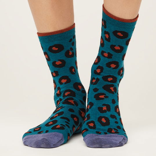 Thought GOTS Organic Cotton Leopard Print Socks Lagoon Blue Size 4-7