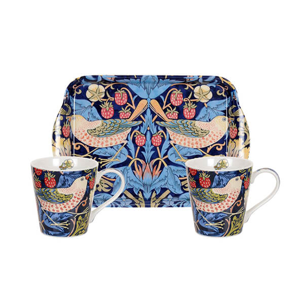 Morris & Co Strawberry Thief Blue Mug & Tray Set