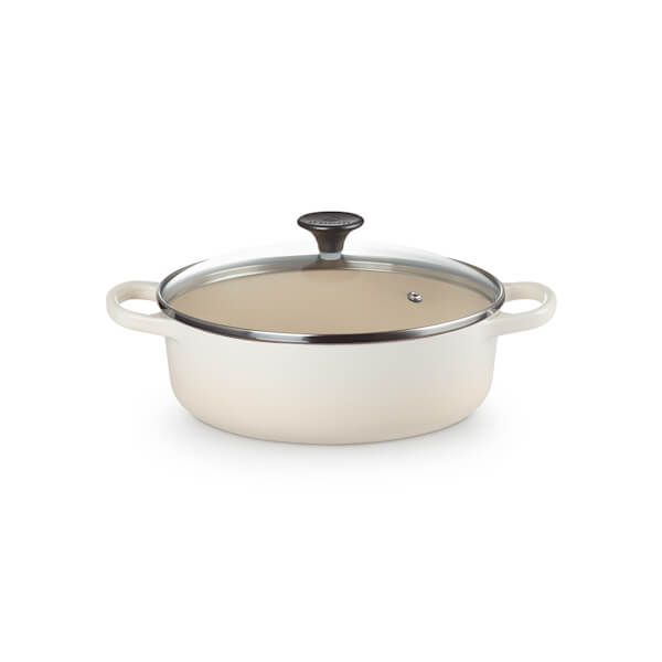 Le Creuset Meringue Cast Iron 24cm Shallow Casserole With Glass Lid 3.1L