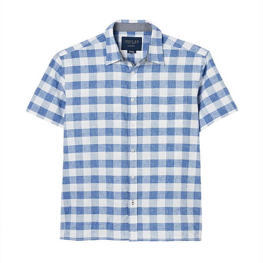 Joules Mens Blue Gingham Breaker Short Sleeve Linen Shirt