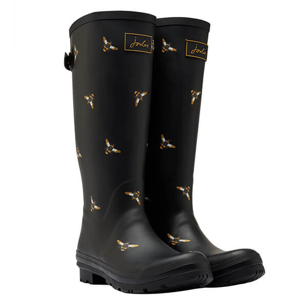 Joules Black Bee Printed Wellies with Adjustable Back Gusset Size 7