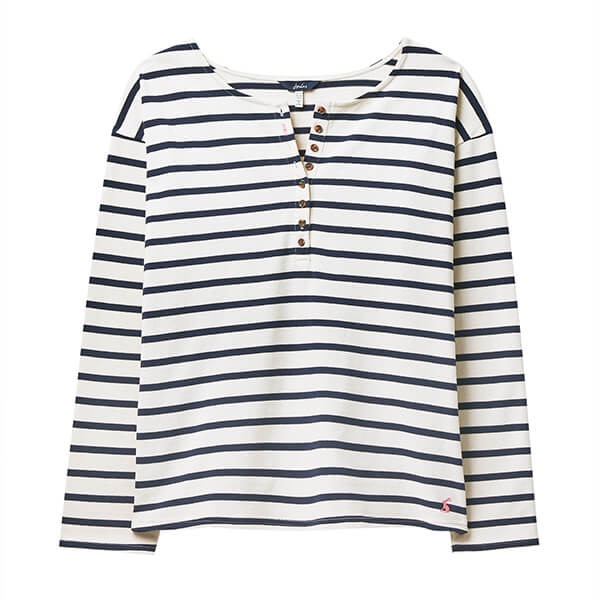 Joules Creme Navy Stripe Olive Long Sleeve Henley Top Size 12
