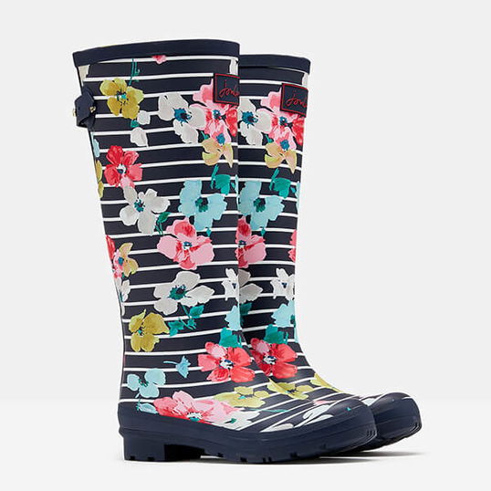 Joules Blue Stripe Floral Printed Wellies With Back Gusset Size 8