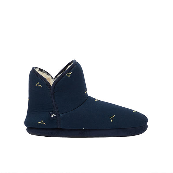 Joules Navy Bees Cabin Faux Fur Lined Slipper with Rubber Sole Size M