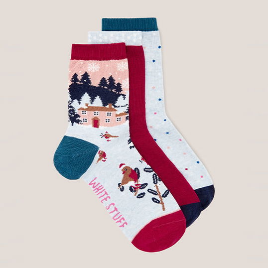 White Stuff 3 Pack Christmas at Home Socks Blue Multi