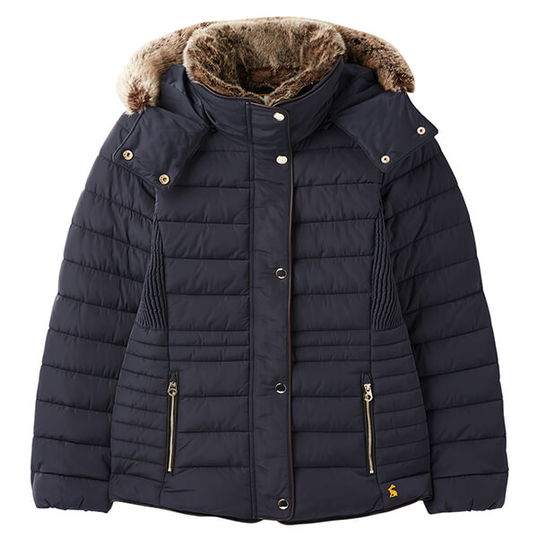 Joules Marine Navy Gosway Fur Trim Padded Coat Size 18