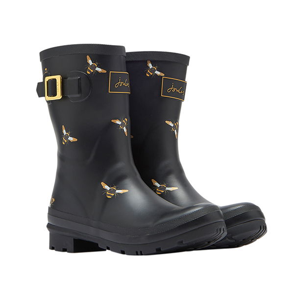Joules Molly Black Metallic Bees Mid Height Printed Wellies Size 7