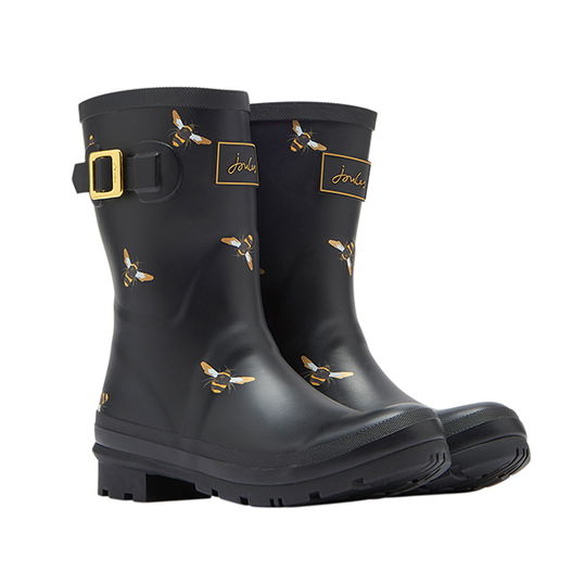 Joules Molly Black Metallic Bees Mid Height Printed Wellies Size 7