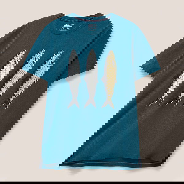 White Stuff Mens Pattern Fish Graphic T-Shirt Mid Teal Size L