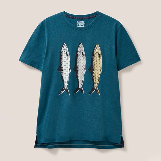 White Stuff Mens Pattern Fish Graphic T-Shirt Mid Teal Size M