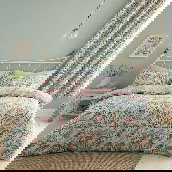 Catherine Lansfield Clarence Floral Single Duvet Set Natural Green