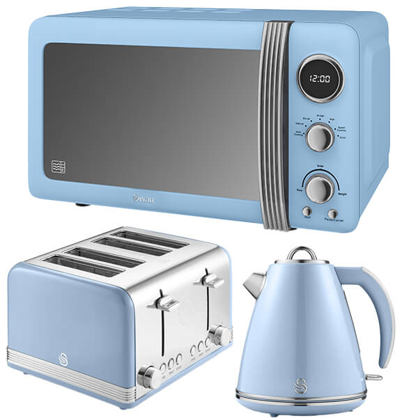 Swan Retro Blue 1.5L Kettle, 4 Slice Toaster & 20L Digital Microwave Set