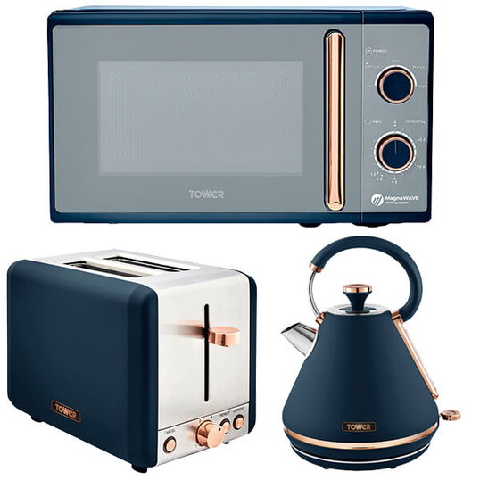 Tower Cavaletto Midnight Blue 1.7L Pyramid Kettle, 2 Slice Toaster & 20L Microwave Set