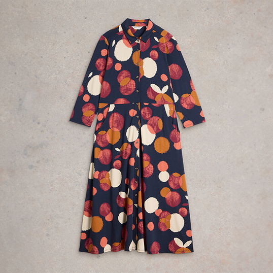 White Stuff Rua Jersey Shirt Dress Navy Print