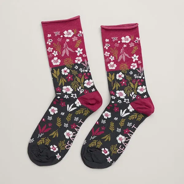 Seasalt Womens Arty Socks Veg Patch Floral Coal One Size