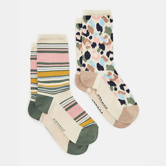 Joules Cream Leopard Everyday Socks Pack of 2 Size 4-8