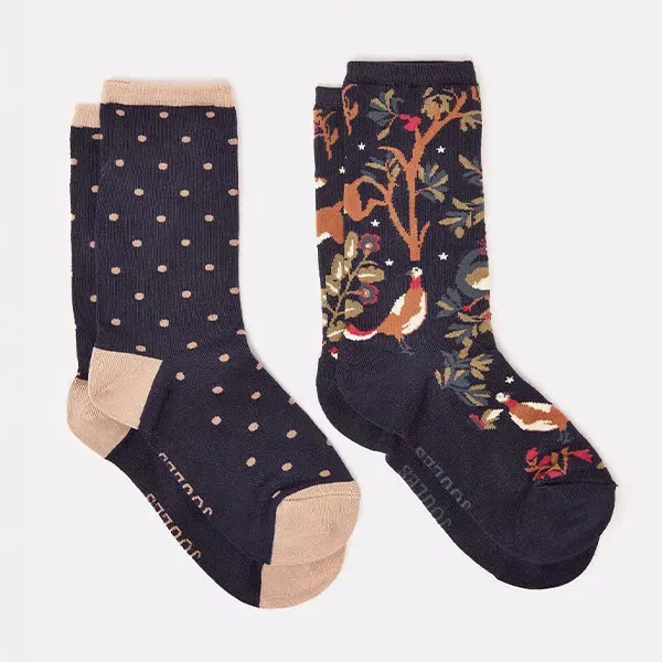 Joules Navy Woods Everyday Socks Pack of 2 Size 4-8