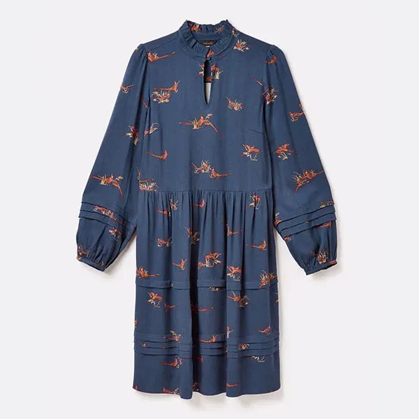 Joules Navy Pheasant Petunia Frill Neck Dress