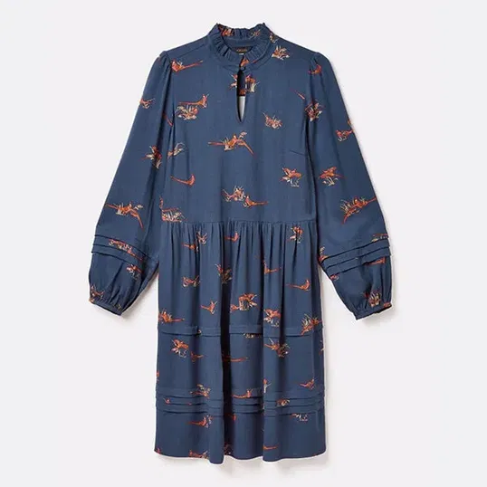 Joules Navy Pheasant Petunia Frill Neck Dress