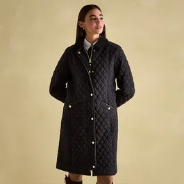 Joules Black Rosewell Showerproof Longline Diamond Quilted Jacket