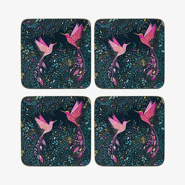 Sara Miller India Collection Set of 4 Coasters Hummingbird Paradise Midnight Blue