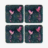 Sara Miller India Collection Set of 4 Coasters Hummingbird Paradise Midnight Blue