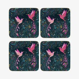 Sara Miller India Collection Set of 4 Coasters Hummingbird Paradise Midnight Blue