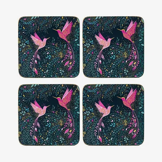 Sara Miller India Collection Set of 4 Coasters Hummingbird Paradise Midnight Blue