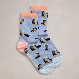 White Stuff Kissing Sausage Dog Ankle Socks Light Blue
