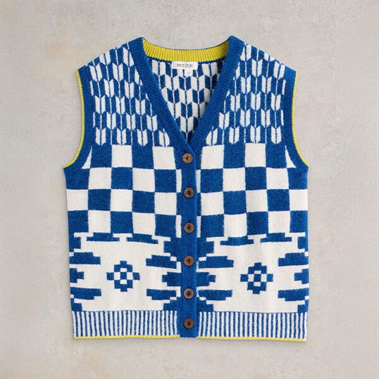 White Stuff Geo Mix Button Tank Top Blue Multi